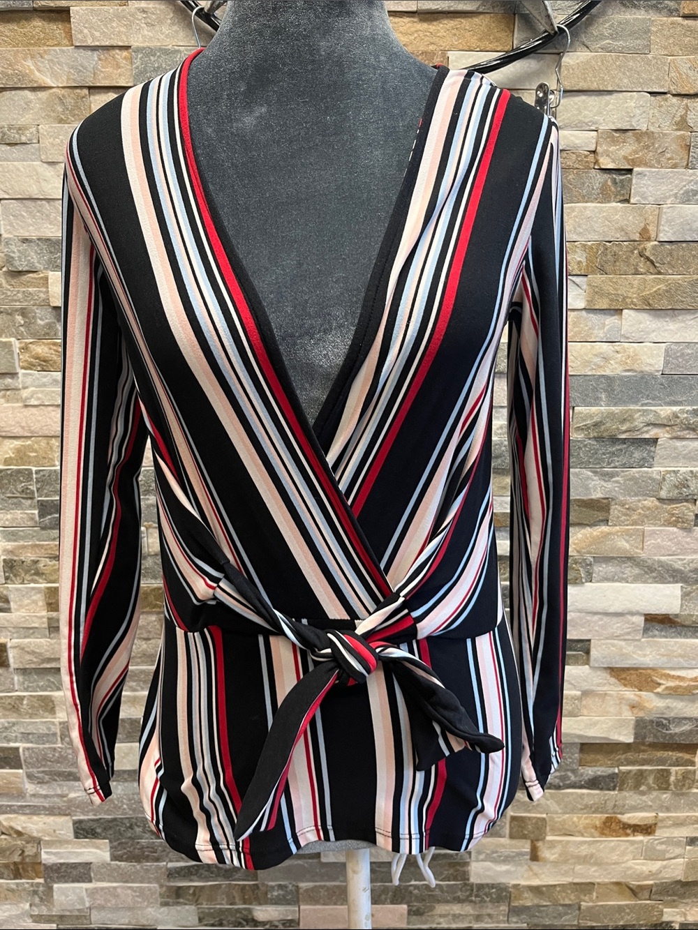 No Boundaries Black, Red & Cream Striped Wrap Blouse